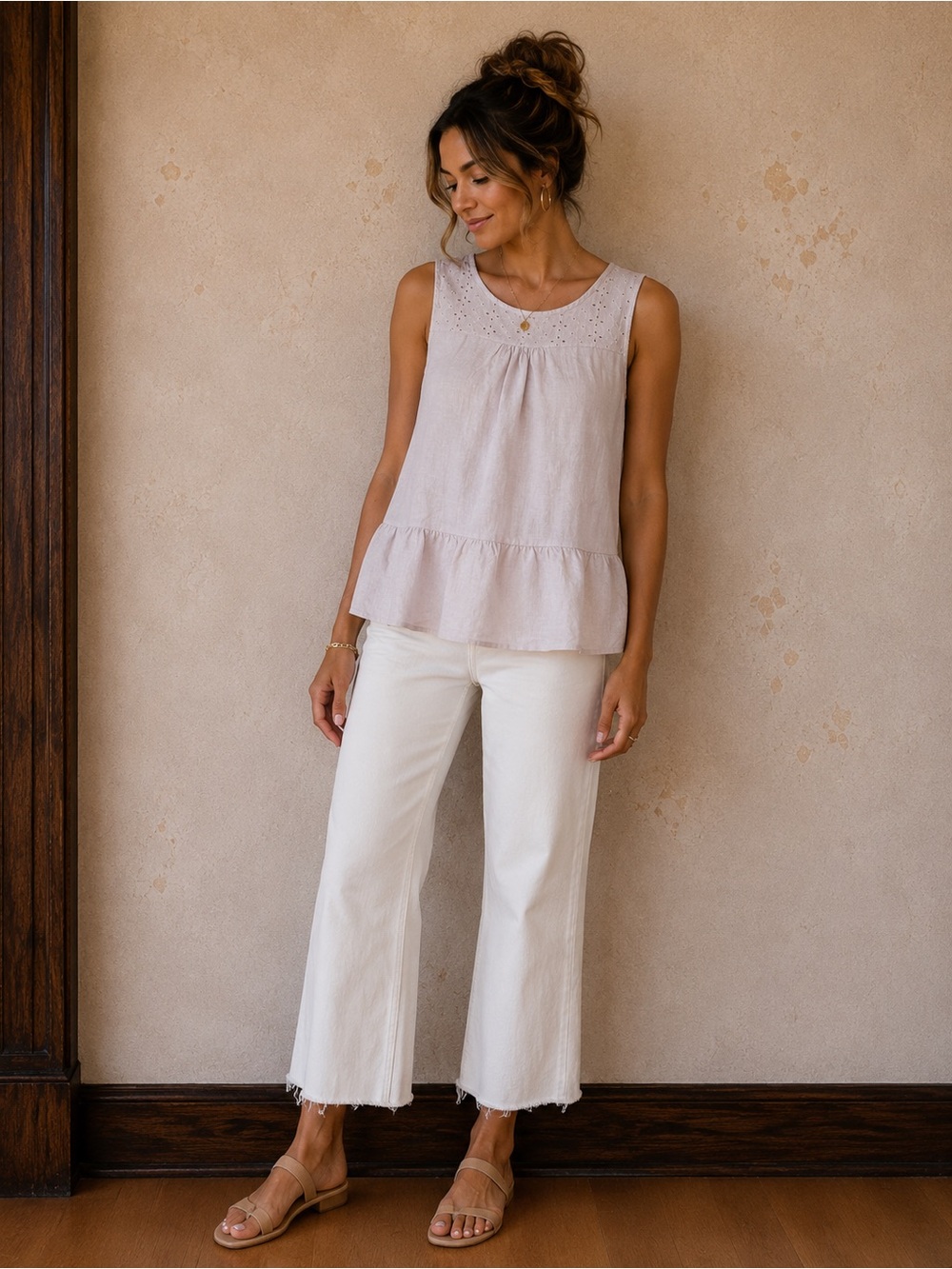 Francesca Bettini Made in Italy Linen & Cotton Eyelet Blouse Medium Blush Pink